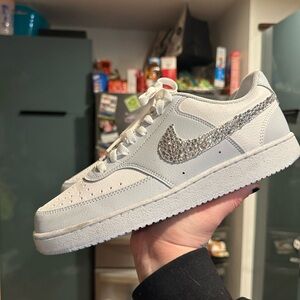 Nike Women's White and Blue Bedazzled Silver Sneakers Court Vision Low Dunks